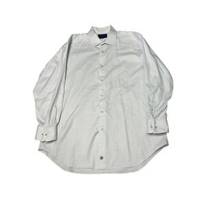 David Donahue Men's White Blue Grid Pattern‎ Dress Shirt 17 32 33 Cotton